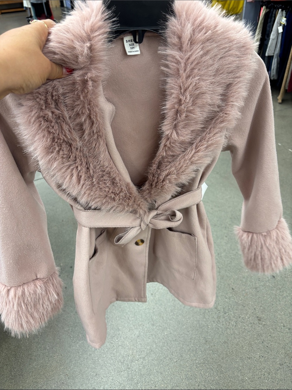 SHEIN Blush Faux Fur Trim Belted Trench Coat - Picture 2 of 4